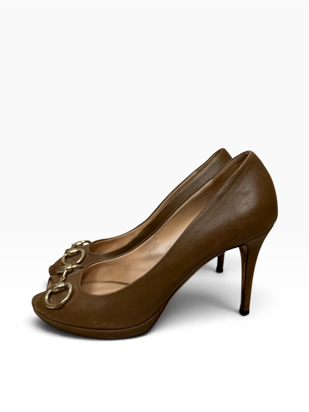Gucci Brown Leather Horsebit Peep Toe Platform Pumps Heels Size 39